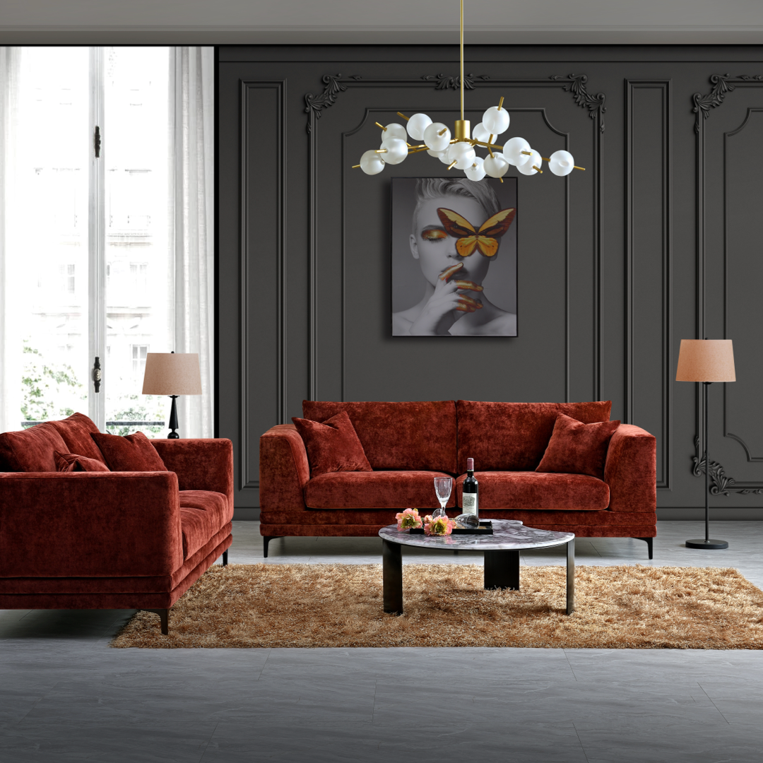 Shop the Aluxo Lenox 3 Seater Sofa in Rust Velvet, a timeless mid-century modern sofa that combines sleek lines and minimalist design with deep, sumptuous cushions for the utmost comfort. Crafted with a solid wooden frame and high-density foam padding. Shop online today at www.nobleandnook.co.uk