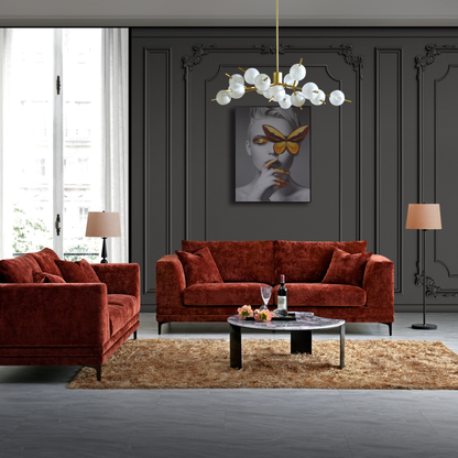 Shop the Aluxo Lenox 3 Seater Sofa in Rust Velvet, a timeless mid-century modern sofa that combines sleek lines and minimalist design with deep, sumptuous cushions for the utmost comfort. Crafted with a solid wooden frame and high-density foam padding. Shop online today at www.nobleandnook.co.uk
