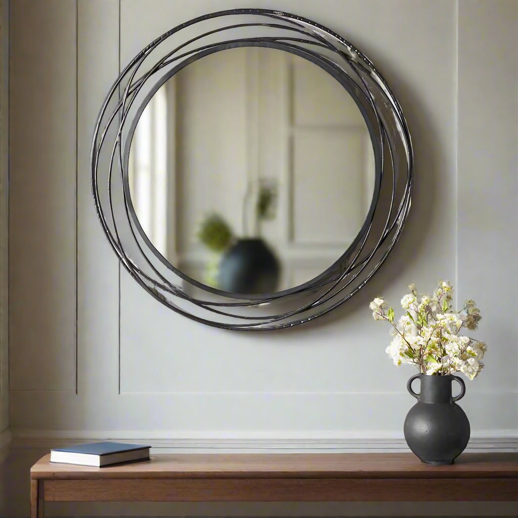 Shop our elegant Antique Black Metal Swirl Round Wall Mirror with intricate metal designs. Shop online now at www.nobleandnook.co.uk
