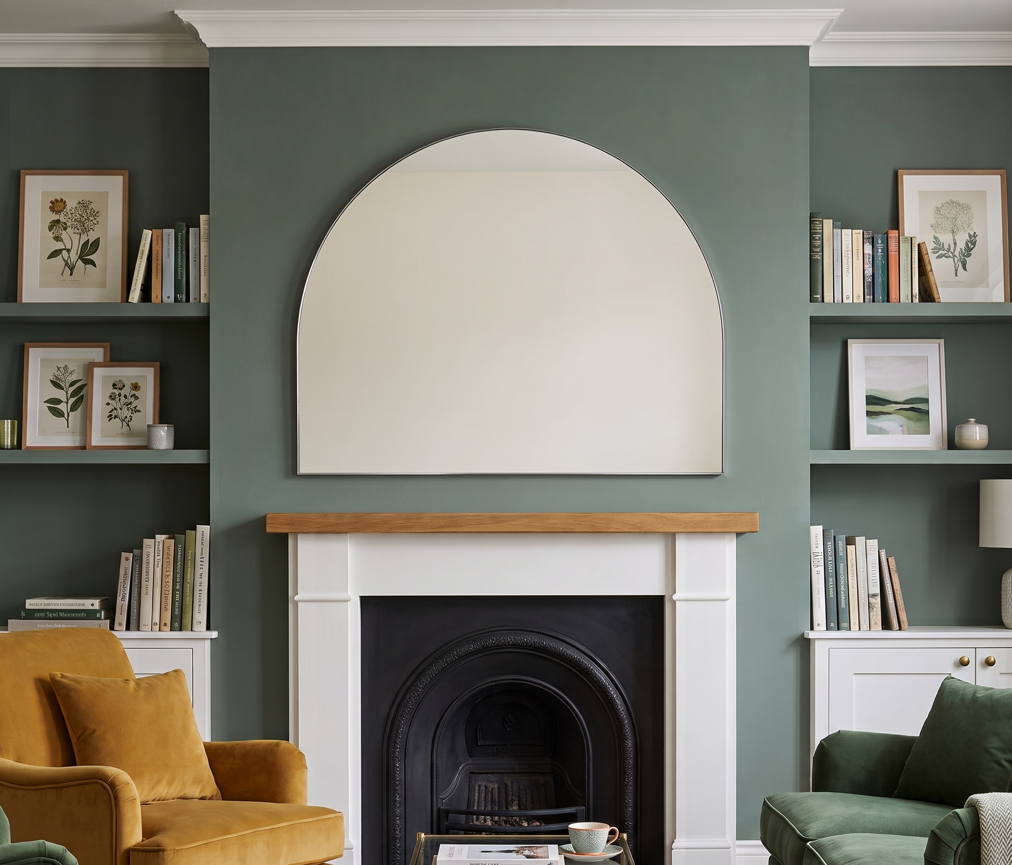 A large arched white mirror mounted above a white fireplace mantel in a sage green living room, flanked by built-in shelves with books and framed botanical prints, with mustard and green armchairs partially visible.