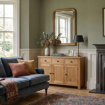 Living room with gray sofa, wooden cabinet, and fireplace