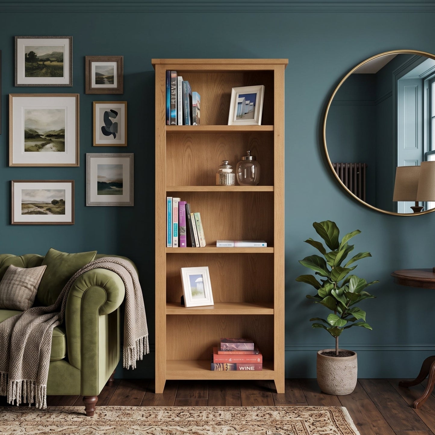 A tall wooden bookcase stands against a dark teal wall in a styled living room, holding books and small decorative jars. A green sofa, framed wall art, a round mirror, a potted plant, and a table lamp are visible around it.