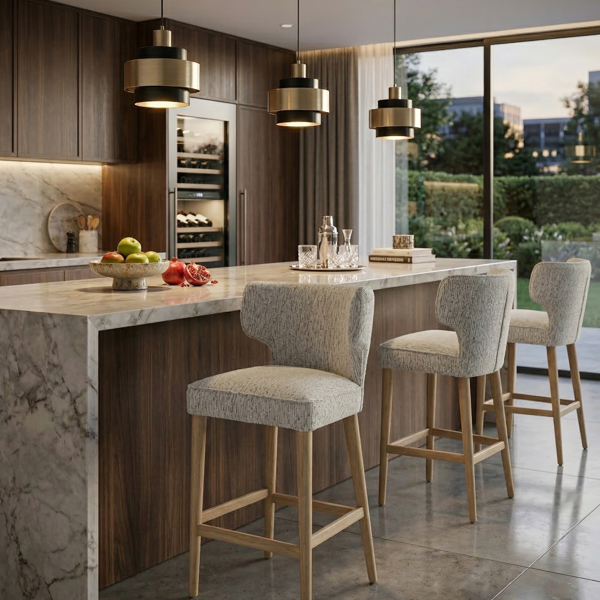 Modern kitchen with marble island and bar stools, featuring a large window view.