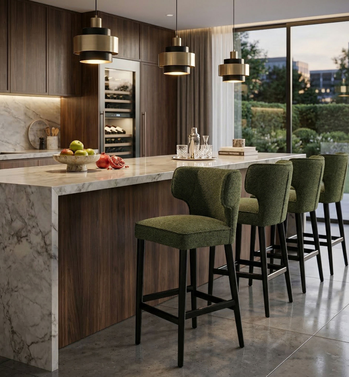 Modern kitchen with marble island, wine rack, and green bar stools.