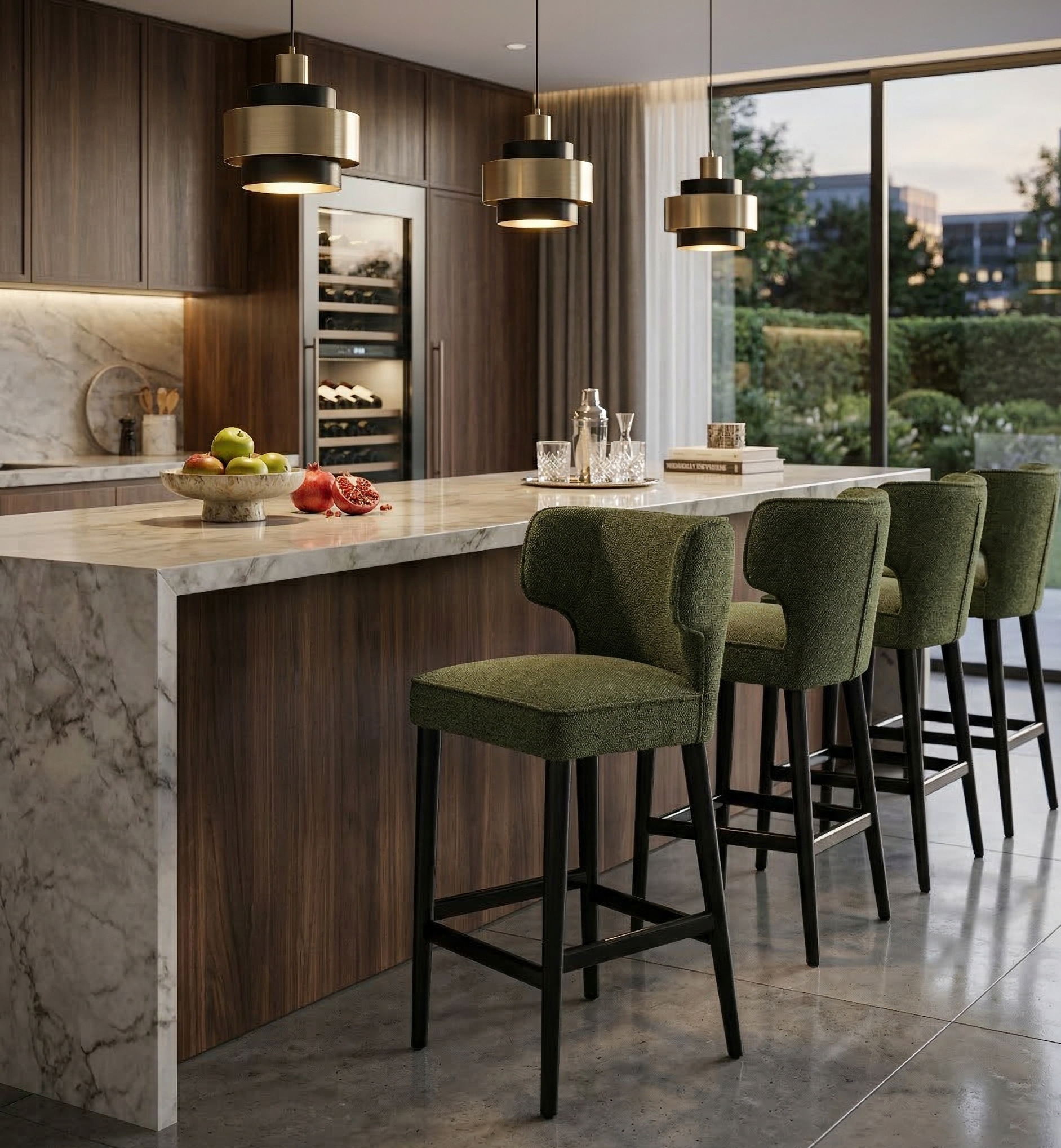 Modern kitchen with marble island, wine rack, and green bar stools.