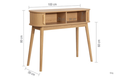 Elevate your interior with the Axel Console Table in an Oak Finish. This stylish table features exquisite fluted detailing, adds depth and sophistication to any living space. Shop online today at www.nobleandnook.co.uk