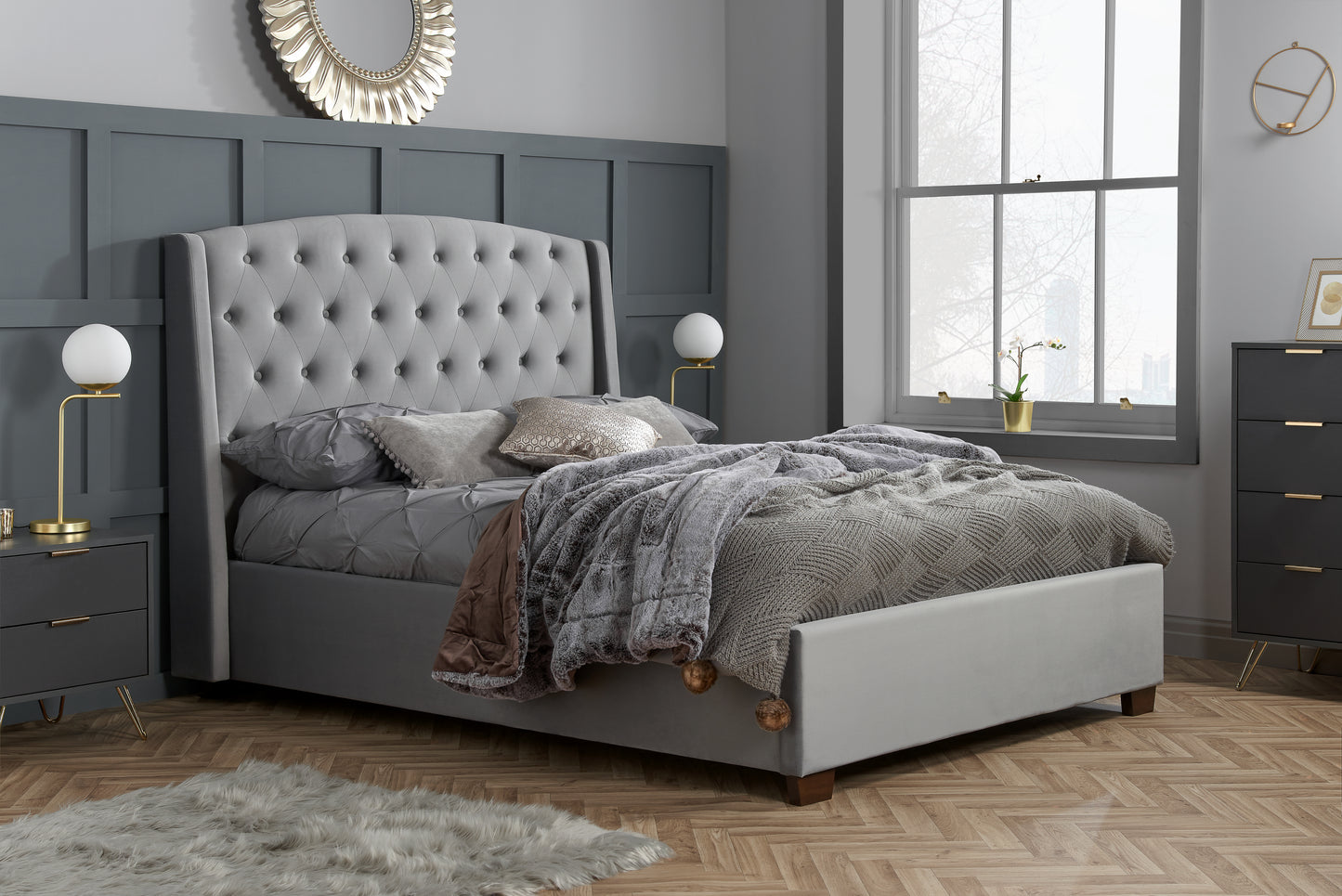 The Balmoral bed frame, a perfect blend of luxury and contemporary elegance. Upholstered in sumptuous grey velvet with striking wingback headboard. Shop online today at www.nobleandnook.co.uk