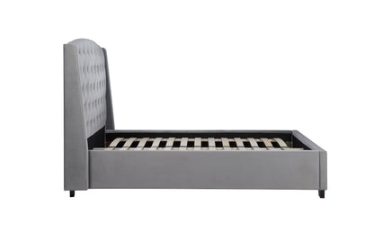 The Balmoral bed frame, a perfect blend of luxury and contemporary elegance. Upholstered in sumptuous grey velvet with striking wingback headboard. Shop online today at www.nobleandnook.co.uk