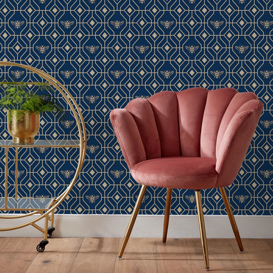 Bee Deco Gold Foil Wallpaper Navy