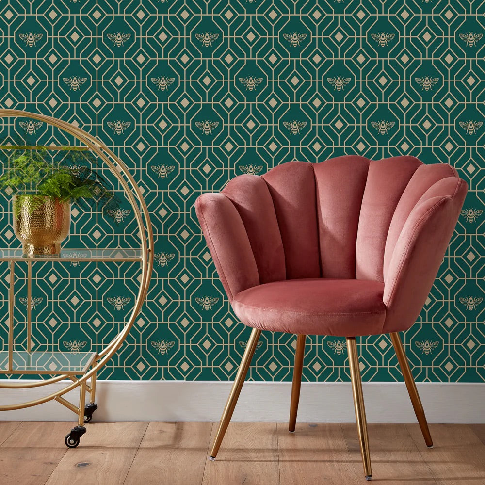 Bee Deco Gold Foil Wallpaper Emerald