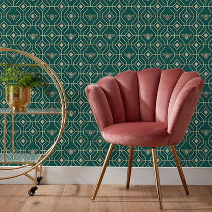 Bee Deco Gold Foil Wallpaper Emerald