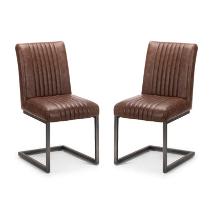 Set of 2 Industrial Dining Chairs - Vintage Brown Faux Leather Upholstery - No Assembly Required – 12-Month Product Guarantee - H88.5 x W47 x D65 cm. www.nobleandnook.co.uk
