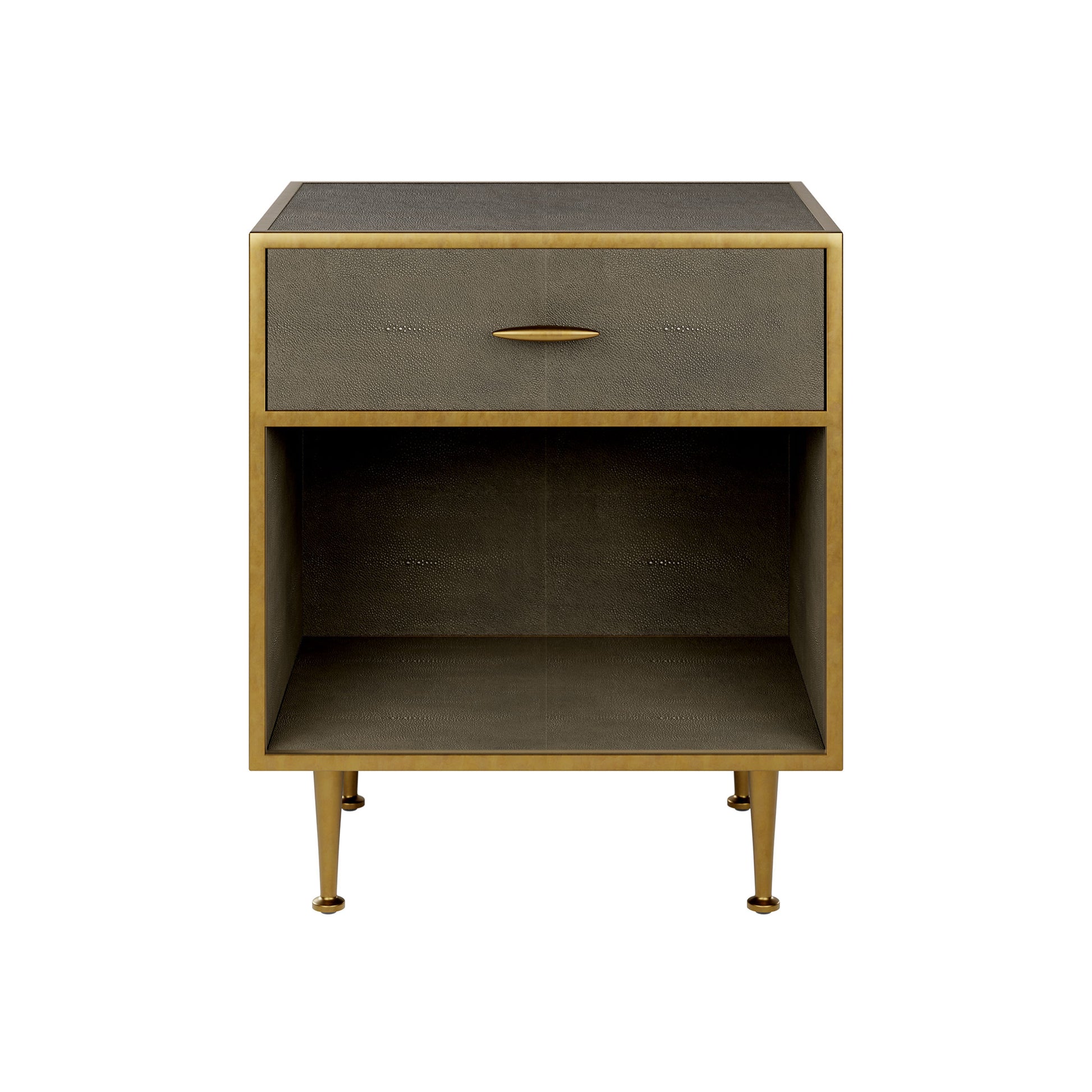 Shop the Hampton Bedside Table in Grey Shagreen with antique brass style handle and legs. Shop online today at www.nobleandnook.co.uk