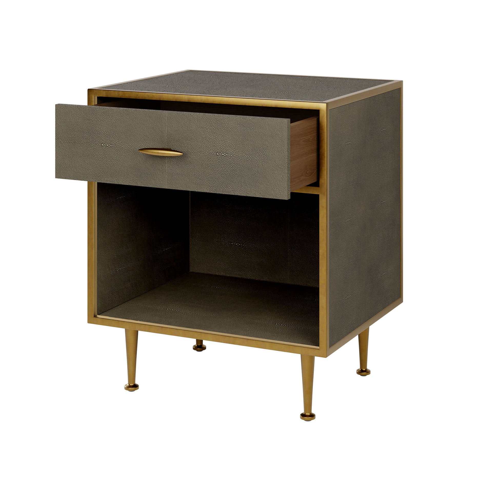 Shop the Hampton Bedside Table in Grey Shagreen with antique brass style handle and legs. Shop online today at www.nobleandnook.co.uk
