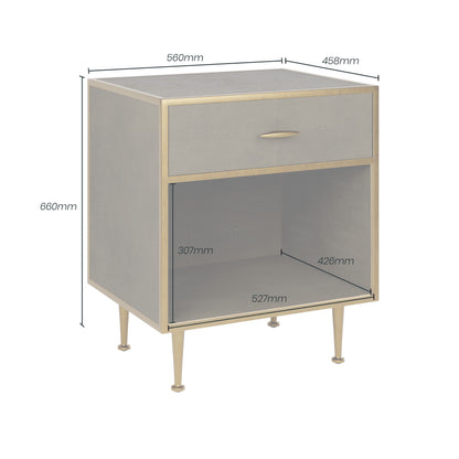 Shop the Hampton Bedside Table in Grey Shagreen with antique brass style handle and legs. Shop online today at www.nobleandnook.co.uk