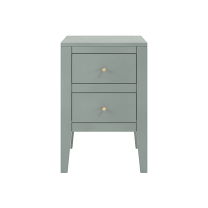 Shop this sophisticated two-drawer bedside table, featuring a chic pigeon grey finish and elegant brass-style handles. Shop online today at www.nobleandnook.co.uk