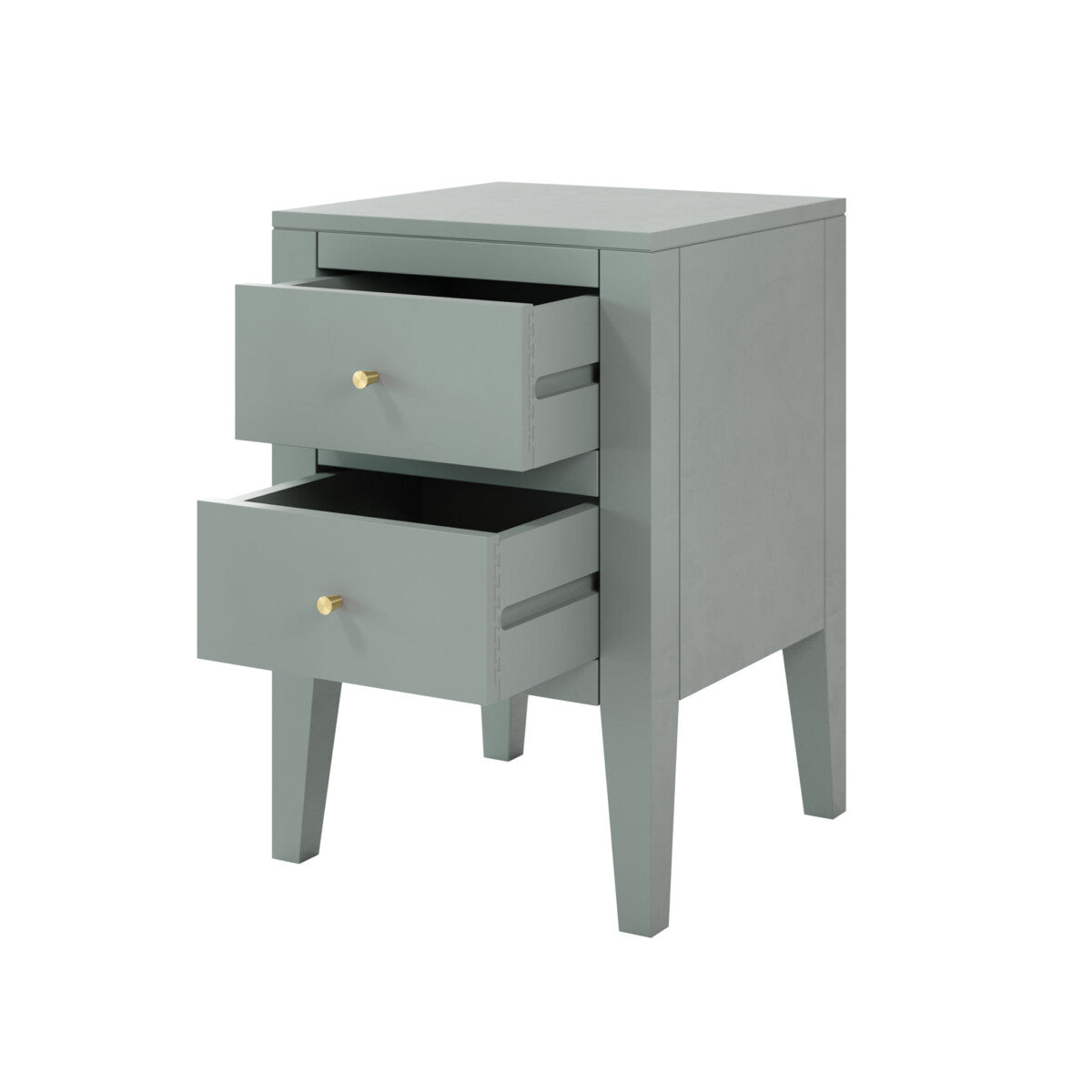 Shop this sophisticated two-drawer bedside table, featuring a chic pigeon grey finish and elegant brass-style handles. Shop online today at www.nobleandnook.co.uk