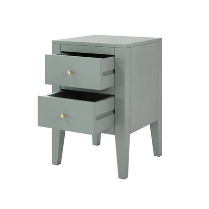 Shop this sophisticated two-drawer bedside table, featuring a chic pigeon grey finish and elegant brass-style handles. Shop online today at www.nobleandnook.co.uk
