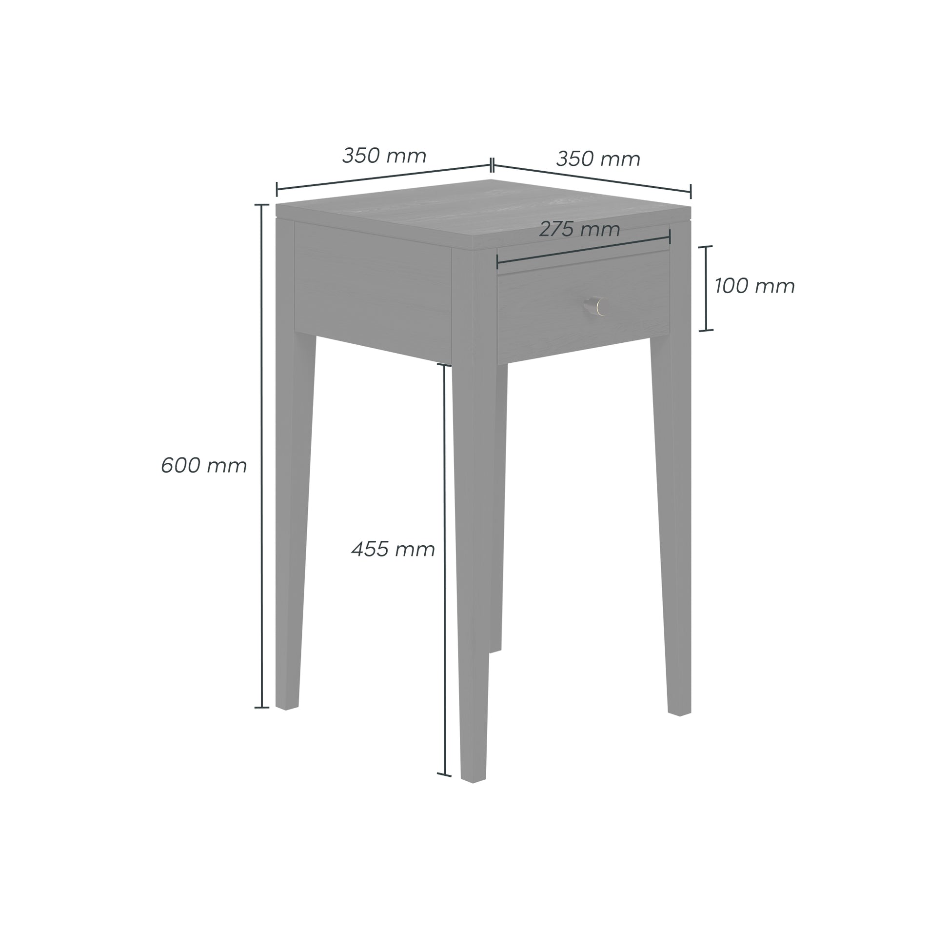 Shop the Radford Bedside Table in black oak with 1 drawer, visible grain and brush brass style round handles by D.I. Designs. Shop online now at www.nobleandnook.co.uk