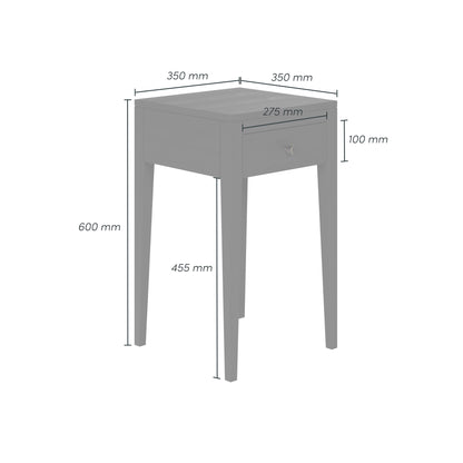 Shop the Radford Bedside Table in black oak with 1 drawer, visible grain and brush brass style round handles by D.I. Designs. Shop online now at www.nobleandnook.co.uk