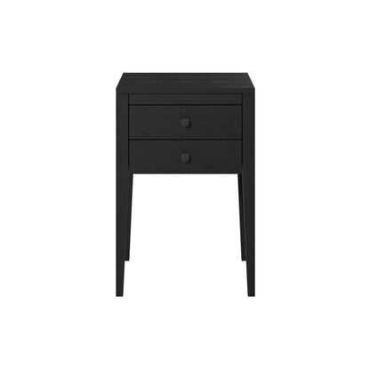 Shop the Radford Bedside Table in black solid oak with visible grain and two drawers by D.I. Designs. Shop online today at www.nobleandnook.co.uk