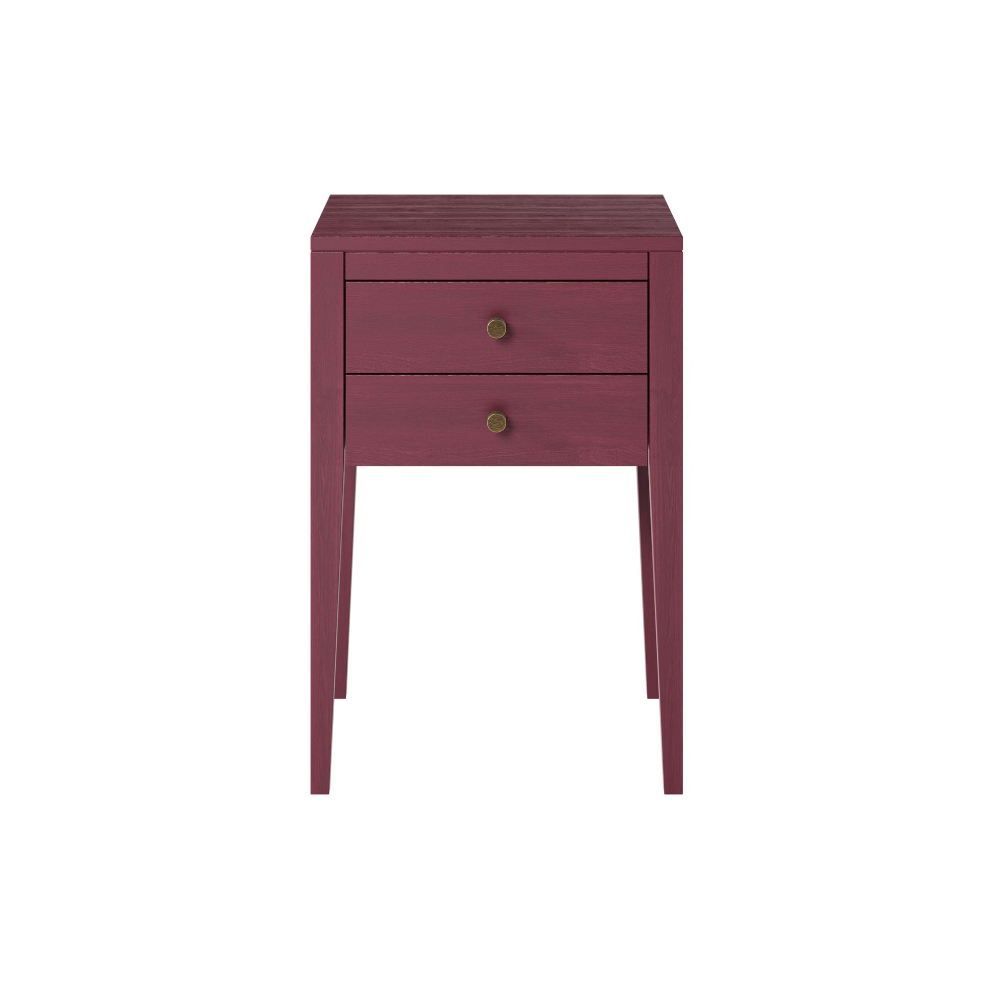 Shop the Radford Bedside Table in red solid oak with visible grain and two drawers by D.I. Designs. FREE UK MAINLAND DELIVERY. Shop online today at www.nobleandnook.co.uk