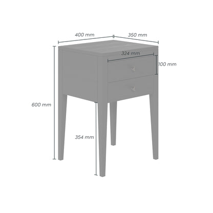 Shop the Radford Bedside Table in black solid oak with visible grain and two drawers by D.I. Designs. Shop online today at www.nobleandnook.co.uk