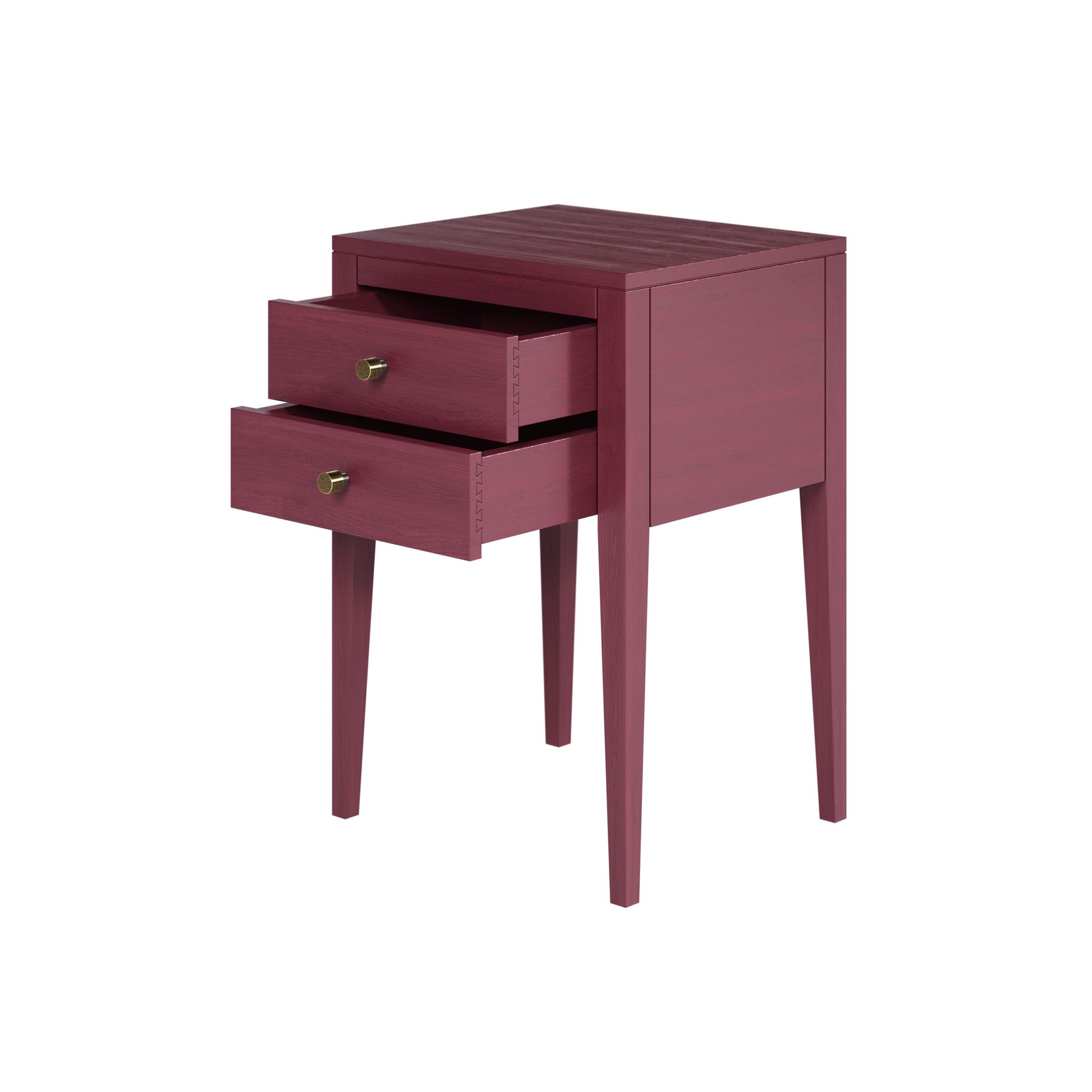 Shop the Radford Bedside Table in red solid oak with visible grain and two drawers by D.I. Designs. FREE UK MAINLAND DELIVERY. Shop online today at www.nobleandnook.co.uk