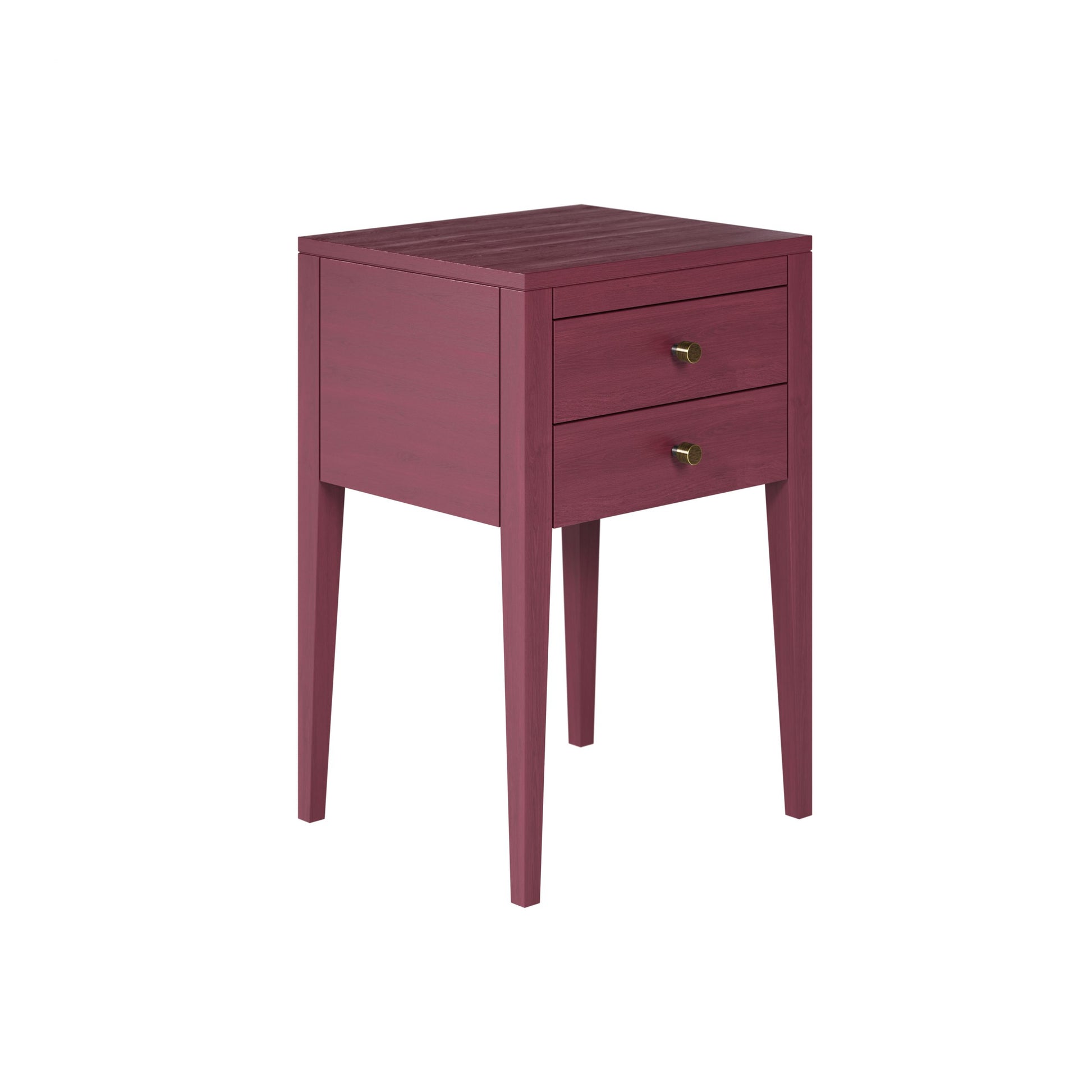 Shop the Radford Bedside Table in red solid oak with visible grain and two drawers by D.I. Designs. FREE UK MAINLAND DELIVERY. Shop online today at www.nobleandnook.co.uk