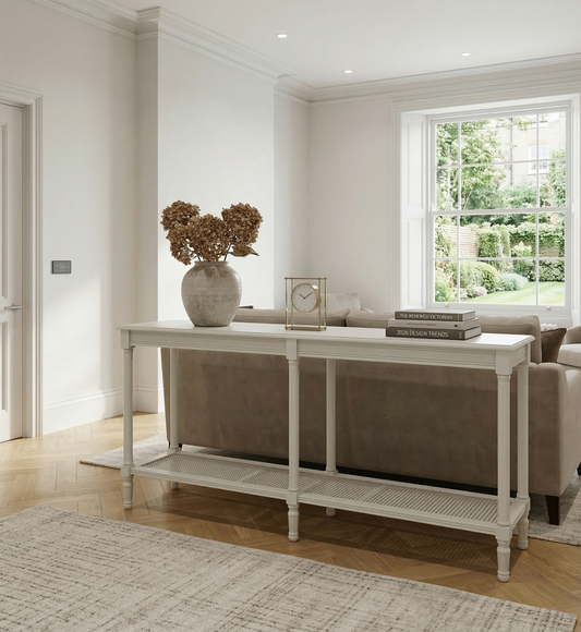 Living room with a console table, sofa, and decorative items.