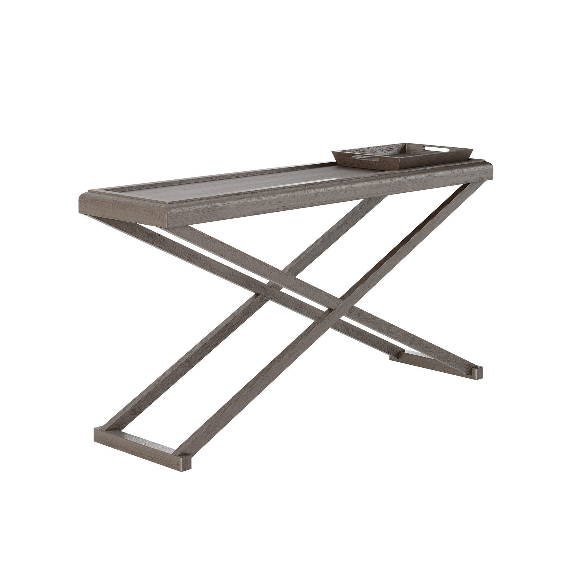 Shop the Bentley Console Table, crafted from grey aged oak and oak veneer with removable tray. Perfect for hallways, living rooms, or dining spaces. Shop online now at www.nobleandnook.co.uk
