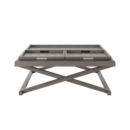 Experience luxury living with the sophisticated Bentley Coffee Table in grey aged oak and oak veneer. Featuring three removable trays and stylish crossed legs. Available at www.nobleandnook.co.uk