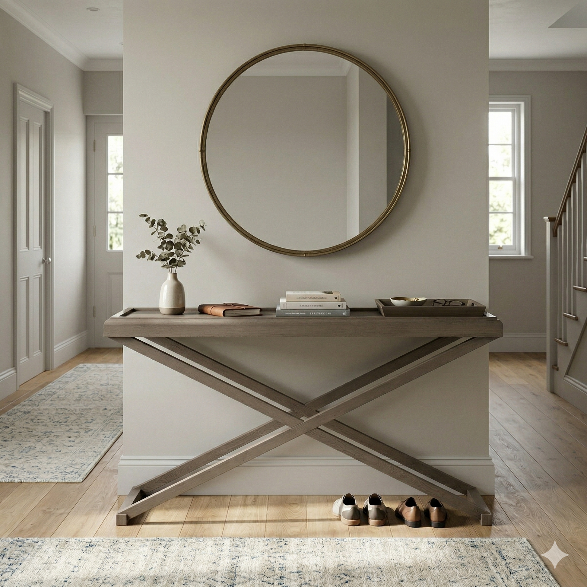 Entryway with a wooden console table, round mirror, and decorative items.
