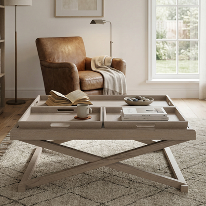 Modern living room with a wooden coffee table, brown armchair, and bookshelf.