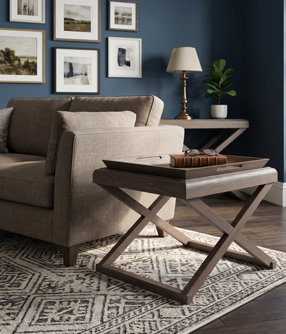 A rustic wooden accent side table with an X-shaped base, styled in a living room next to a beige sofa on a patterned rug.