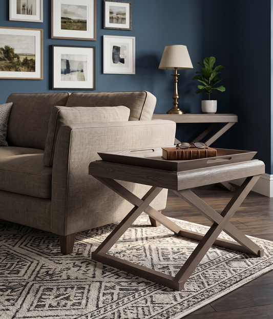 A rustic wooden accent side table with an X-shaped base, styled in a living room next to a beige sofa on a patterned rug.