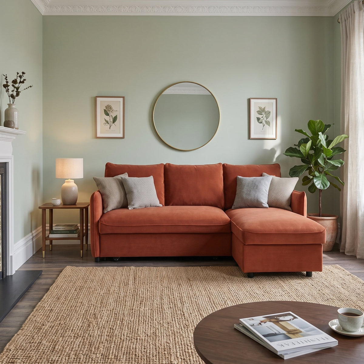 An orange-brown sectional sofa with a chaise lounge in a styled living room featuring sage green walls, a round mirror, a fireplace, and a large woven area rug.