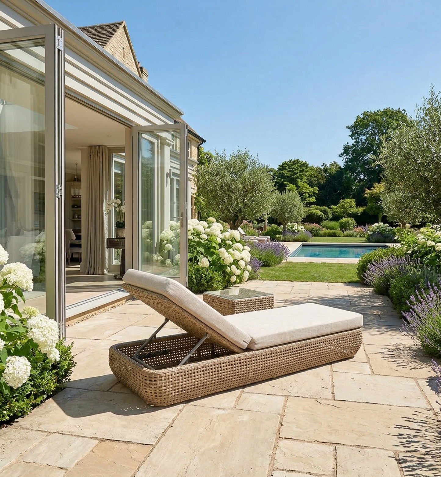 Wicker lounge chair on a stone patio with a garden and pool in the background