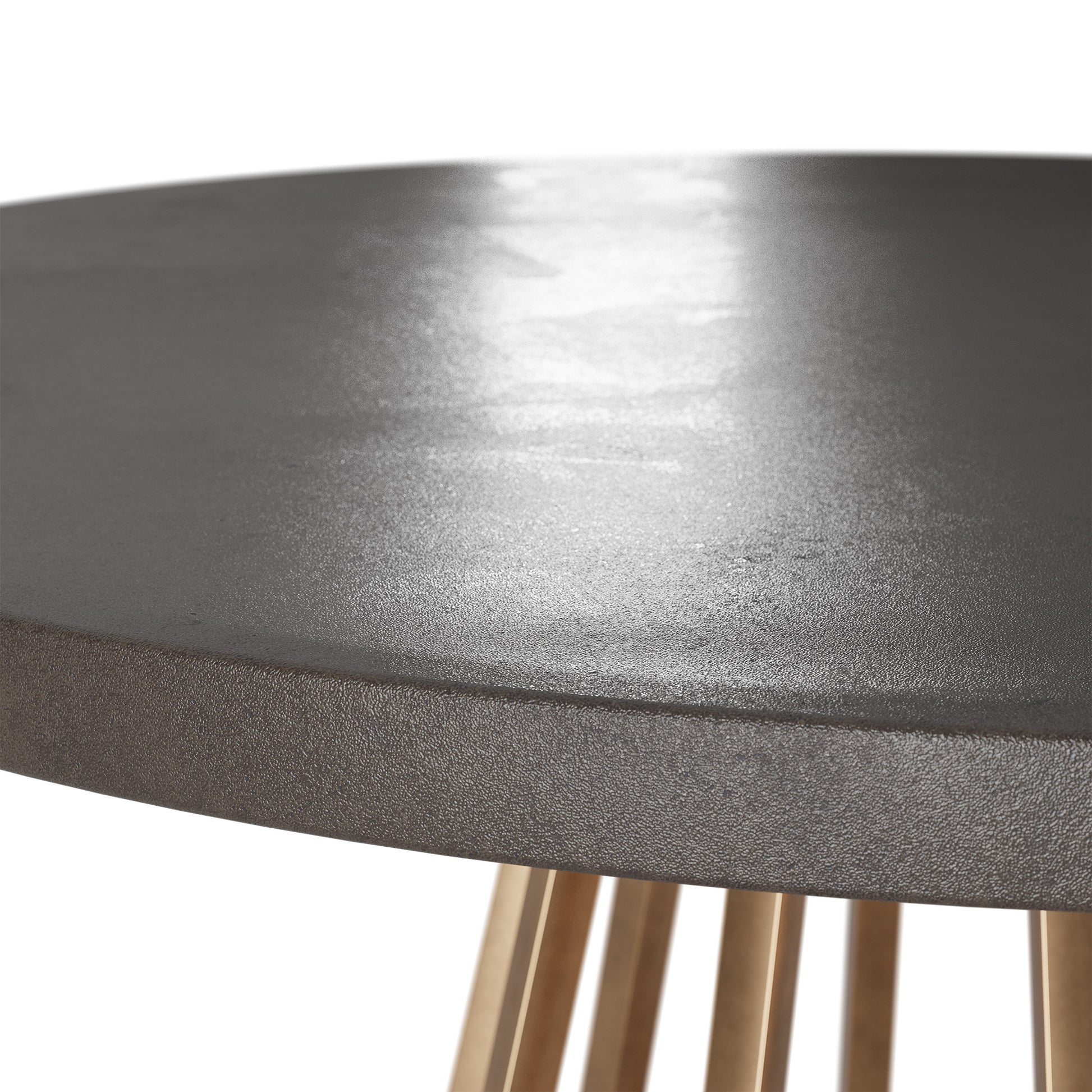 Shop the Bredon Round Dining Table with grey concrete texture top and antique brass colour base. FREE UK MAINLAND DELIVERY on orders over £100. Shop online now at www.nobleandnook.co.uk