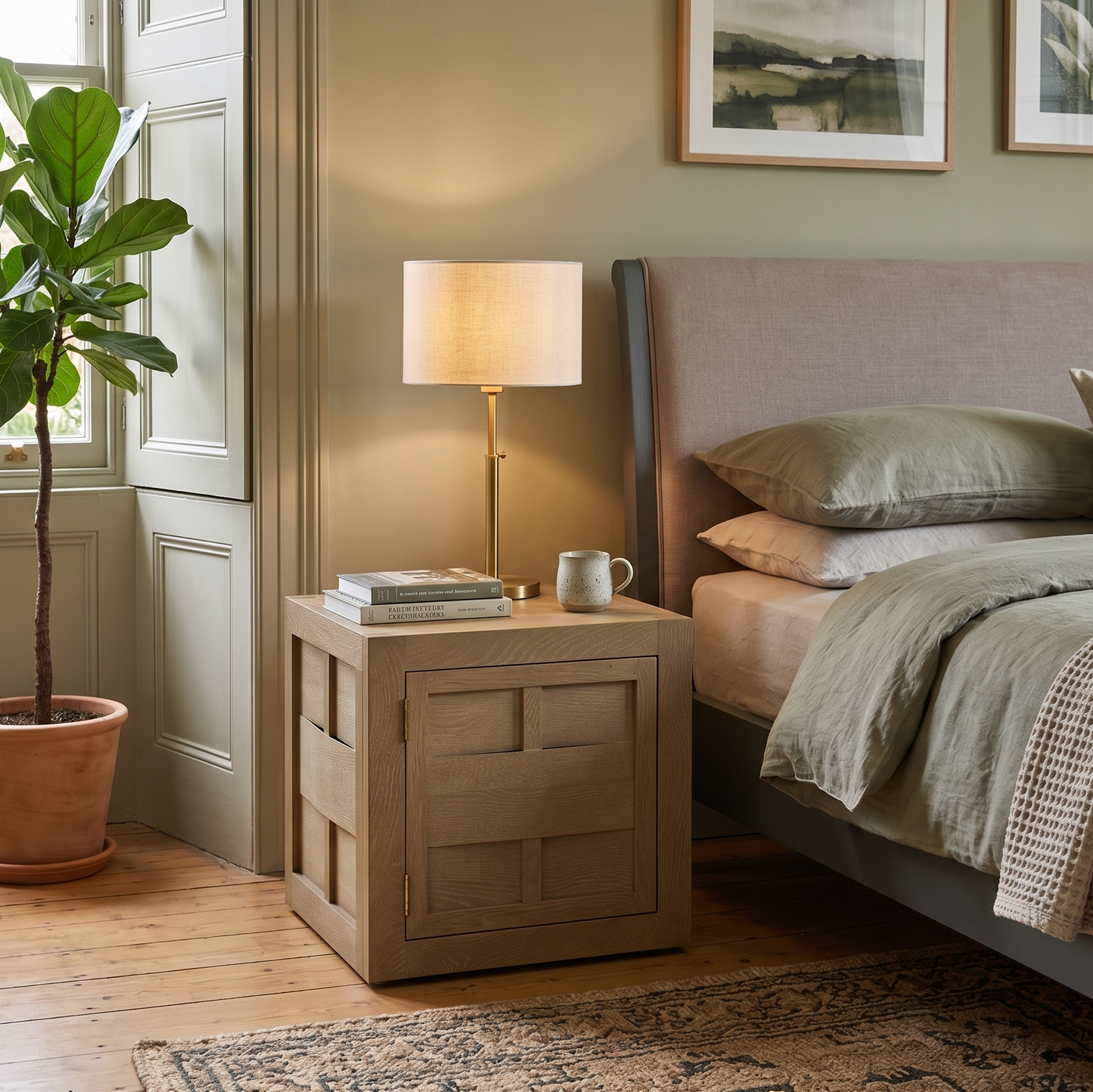 Cozy bedroom with a bed, nightstand, lamp, and plant.