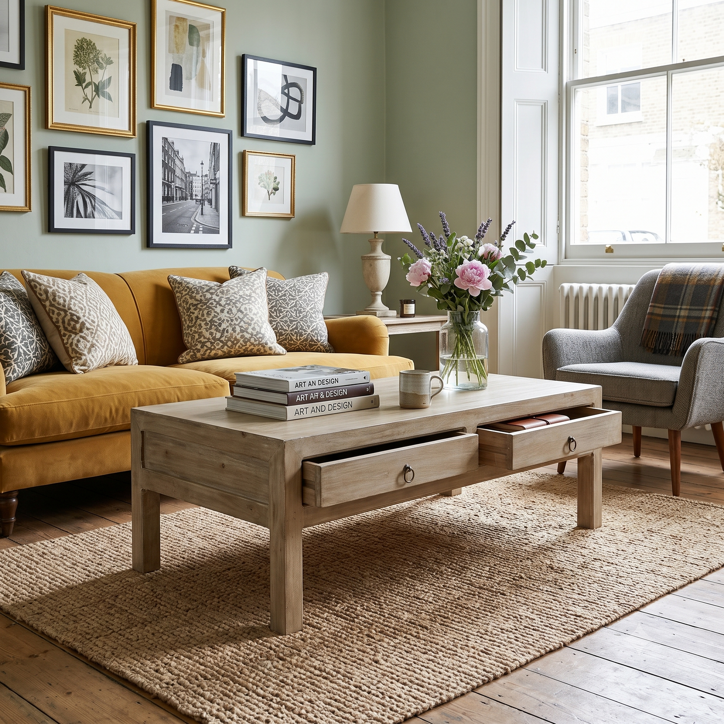 A light natural wood coffee table with two drawers in a styled living room, set on a woven jute rug next to a mustard yellow sofa and a gray armchair.