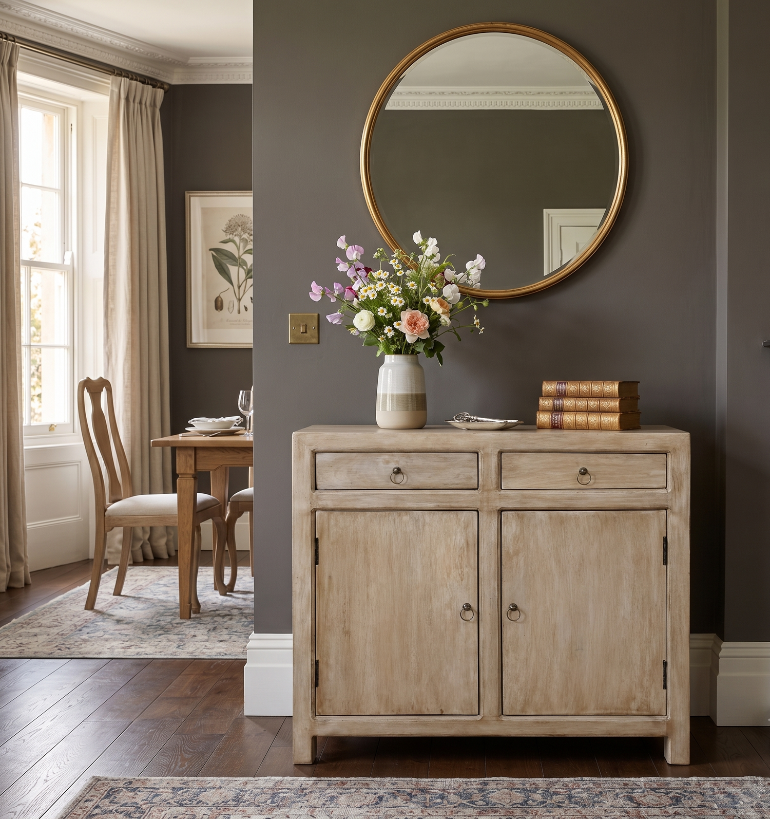 A light natural wood sideboard cabinet with two drawers and two doors, styled in a dining room setting under a round gold-framed mirror.