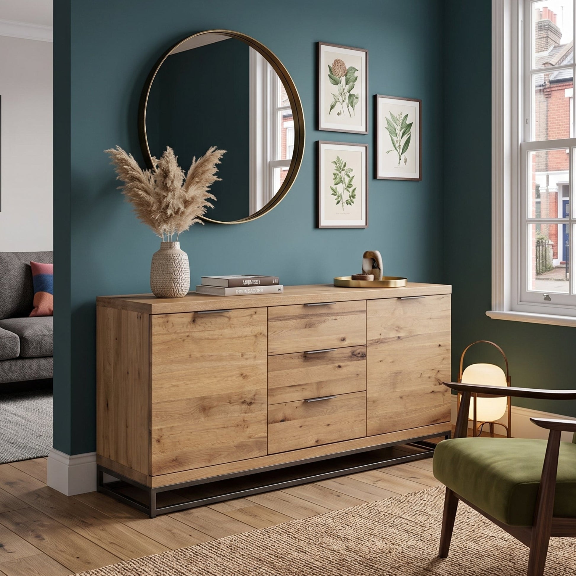 A rustic wooden sideboard or credenza in a styled living room with a dark teal wall, a round mirror, framed botanical prints, a vase with dried grass, and a green armchair nearby.