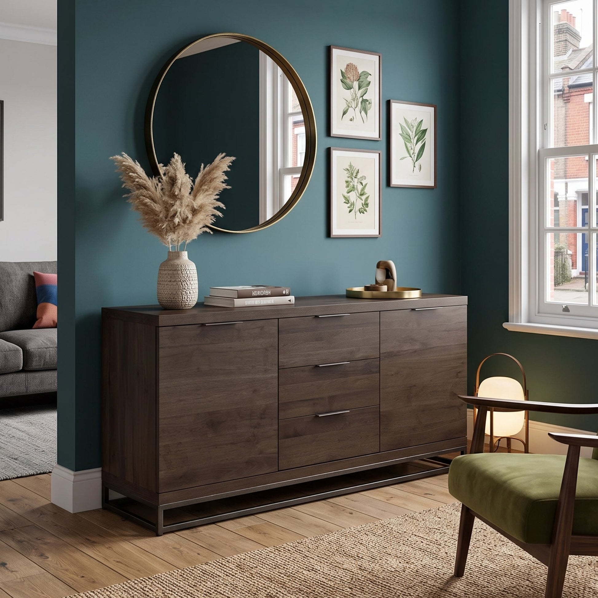 A dark brown wooden sideboard or credenza in a styled living room with a deep teal wall, a round gold-framed mirror, botanical wall art, a vase with dried grass, and a green armchair nearby.