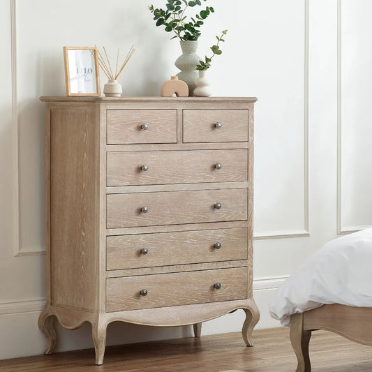 Shop the Camille 4+2 Oak French-inspired Drawer Chest, a perfect fusion of French-inspired sophistication by Julian Bowen. FREE UK MAINLAND DELIVERY. Shop online now at www.nobleandnook.co.uk
