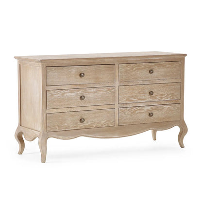 Camille Oak 6 Drawer Wide Chest – French Inspired Bedroom Storage in Limed Oak Finish