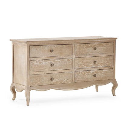 Shop the Camille 6 Drawer Oak Wide Chest, inspired by French design, it features beautiful curves, soft lines and traditional ornate details. FREE UK MAINLAND DELIVERY on orders over £100. Shop online today now at www.nobleandnook.co.uk