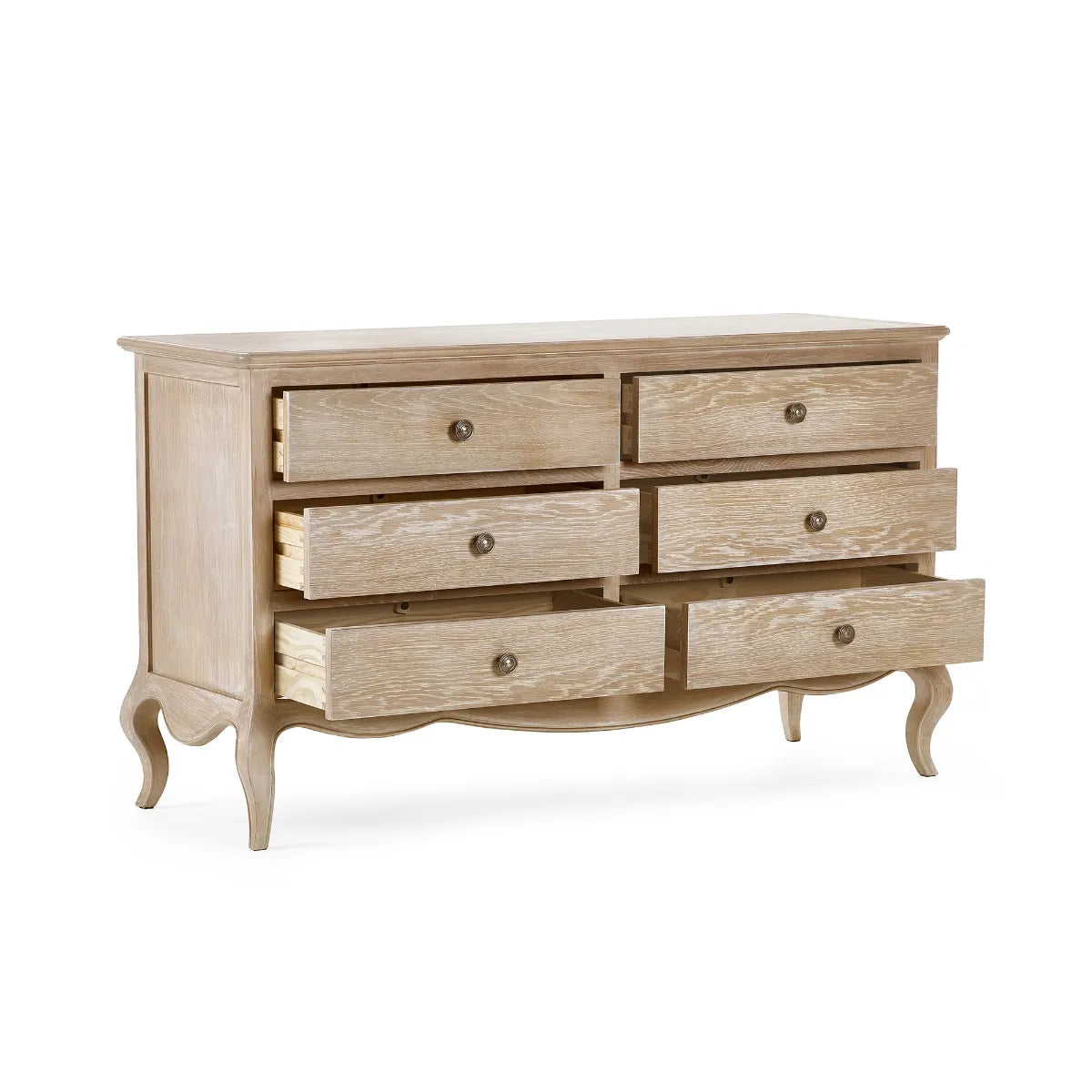 Shop the Camille 6 Drawer Oak Wide Chest, inspired by French design, it features beautiful curves, soft lines and traditional ornate details. FREE UK MAINLAND DELIVERY on orders over £100. Shop online today now at www.nobleandnook.co.uk