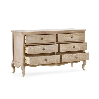 Shop the Camille 6 Drawer Oak Wide Chest, inspired by French design, it features beautiful curves, soft lines and traditional ornate details. FREE UK MAINLAND DELIVERY on orders over £100. Shop online today now at www.nobleandnook.co.uk