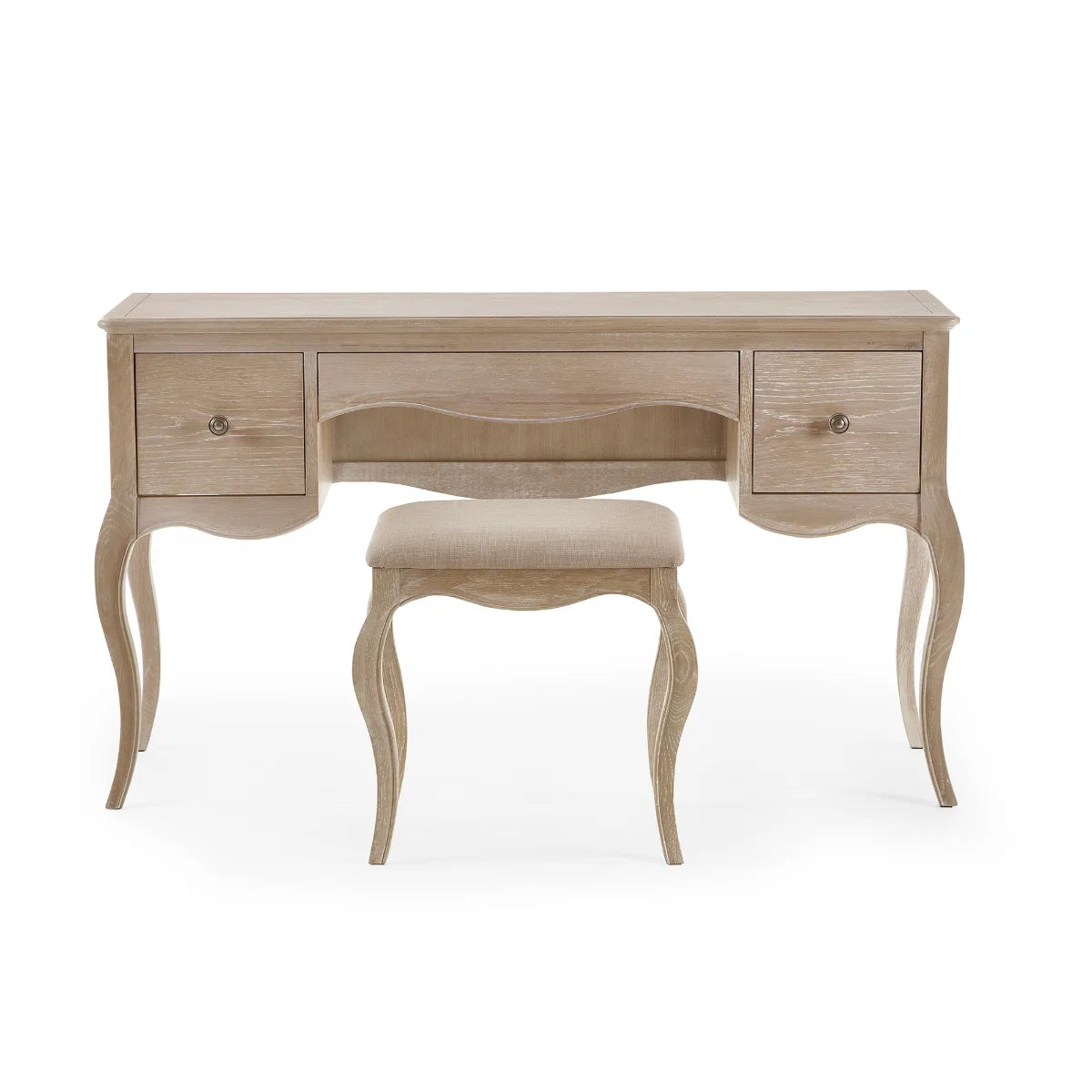 Wooden vanity table with two stools on a white background